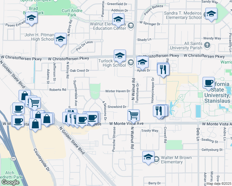 map of restaurants, bars, coffee shops, grocery stores, and more near 1932 Winter Haven Drive in Turlock