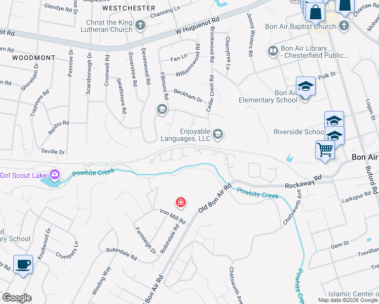 map of restaurants, bars, coffee shops, grocery stores, and more near 9521 Groundhog Drive in Richmond