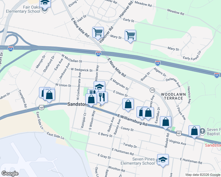 map of restaurants, bars, coffee shops, grocery stores, and more near 102 Naglee Avenue in Sandston