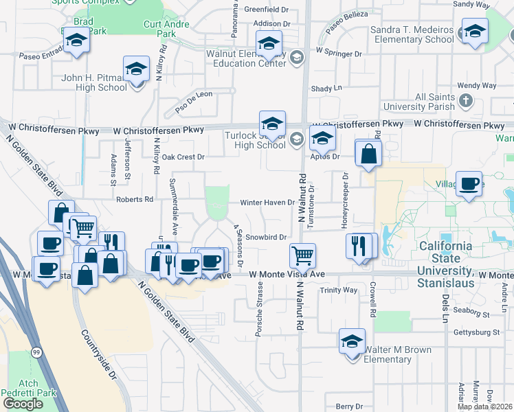map of restaurants, bars, coffee shops, grocery stores, and more near 1942 Winter Haven Drive in Turlock