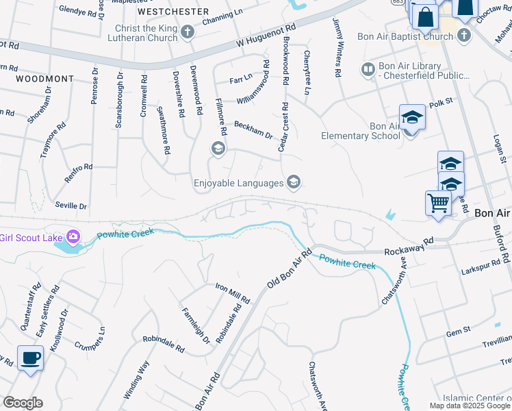 map of restaurants, bars, coffee shops, grocery stores, and more near 9521 Groundhog Drive in Richmond