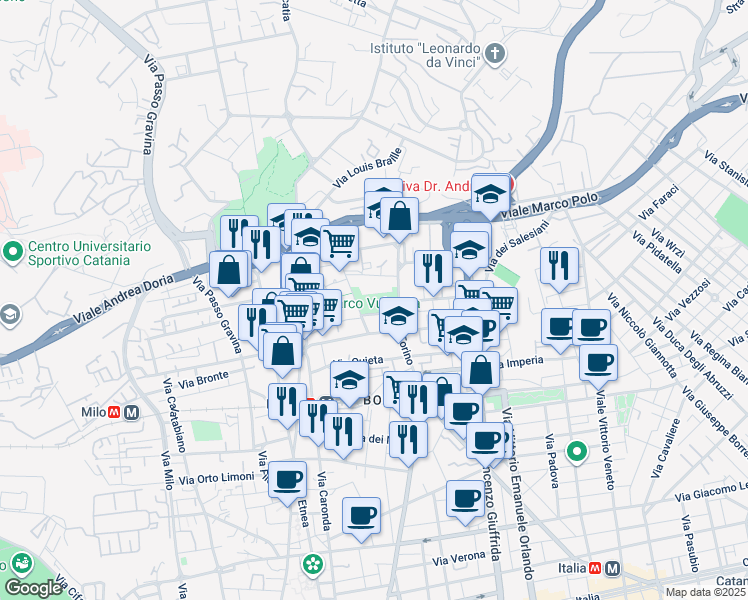 map of restaurants, bars, coffee shops, grocery stores, and more near 73/a Via Torino in Catania
