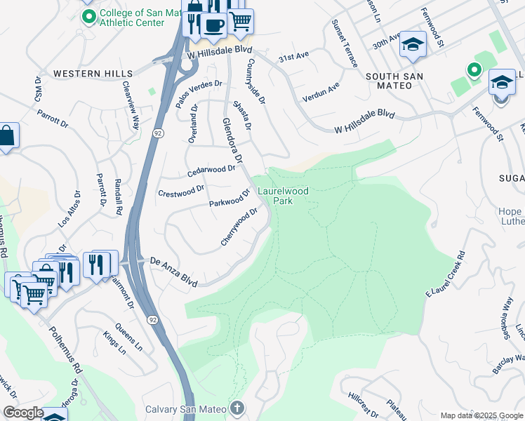 map of restaurants, bars, coffee shops, grocery stores, and more near 1401 Cherrywood Drive in San Mateo