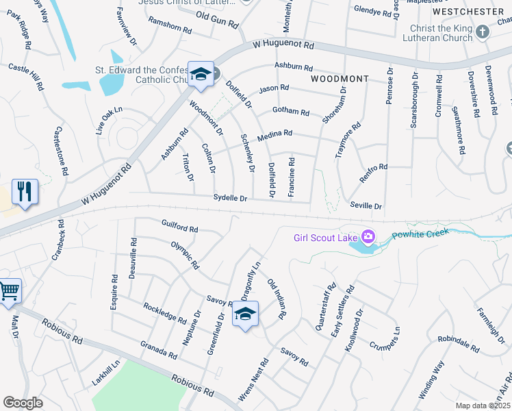 map of restaurants, bars, coffee shops, grocery stores, and more near 2300 Dolfield Drive in Richmond