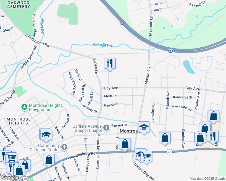map of restaurants, bars, coffee shops, grocery stores, and more near 2513 Gay Avenue in Richmond