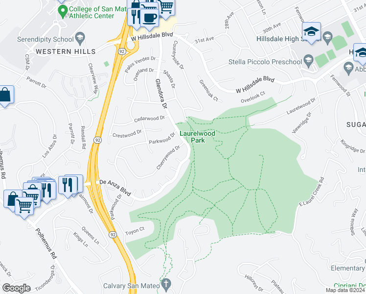 map of restaurants, bars, coffee shops, grocery stores, and more near 1401 Cherrywood Drive in San Mateo