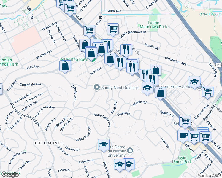 map of restaurants, bars, coffee shops, grocery stores, and more near 1230 North Road in Belmont