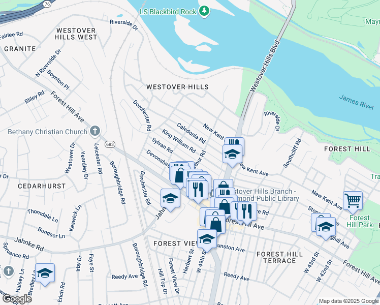 map of restaurants, bars, coffee shops, grocery stores, and more near 5105 King William Road in Richmond