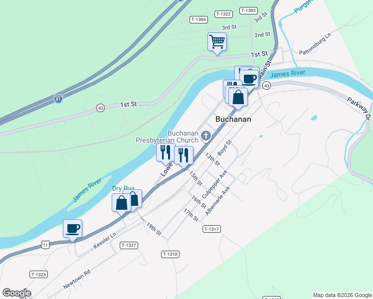 map of restaurants, bars, coffee shops, grocery stores, and more near 259 Lowe Street in Buchanan