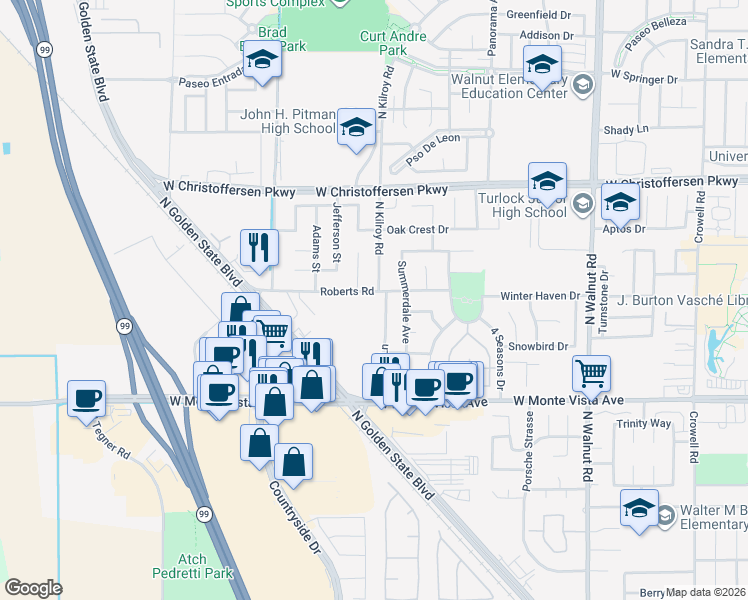 map of restaurants, bars, coffee shops, grocery stores, and more near 2406 Roberts Road in Turlock