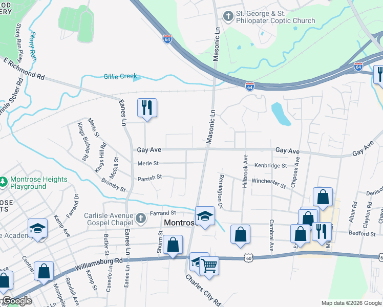 map of restaurants, bars, coffee shops, grocery stores, and more near 2617 Gay Avenue in Richmond