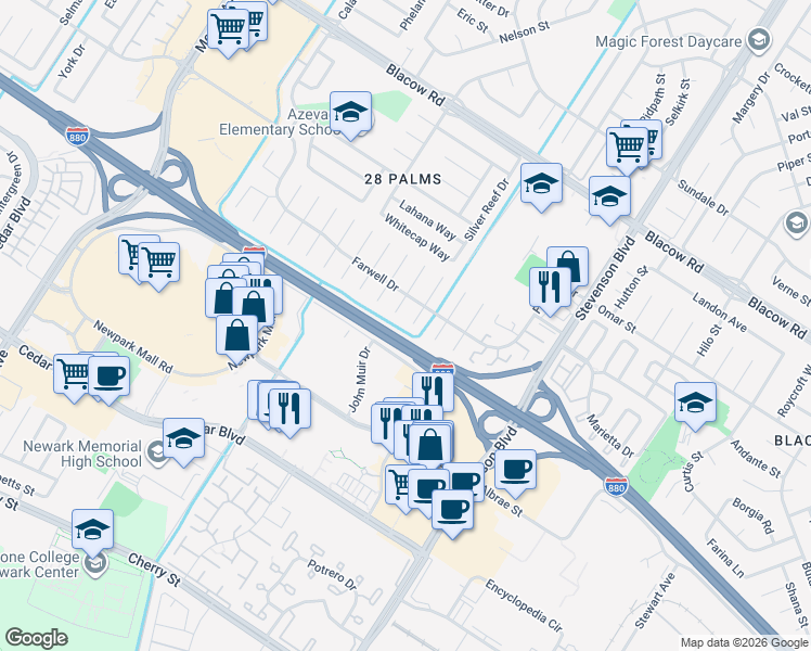 map of restaurants, bars, coffee shops, grocery stores, and more near 5681 Dewey Place in Fremont