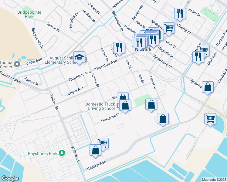 map of restaurants, bars, coffee shops, grocery stores, and more near 37168 Walnut Street in Newark