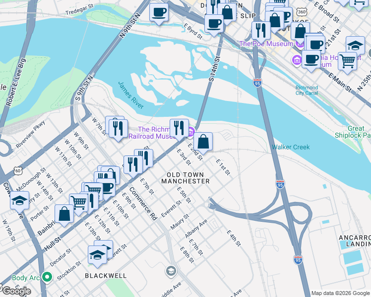 map of restaurants, bars, coffee shops, grocery stores, and more near 7 East 2nd Street in Richmond