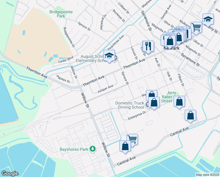 map of restaurants, bars, coffee shops, grocery stores, and more near 8204 Juniper Avenue in Newark