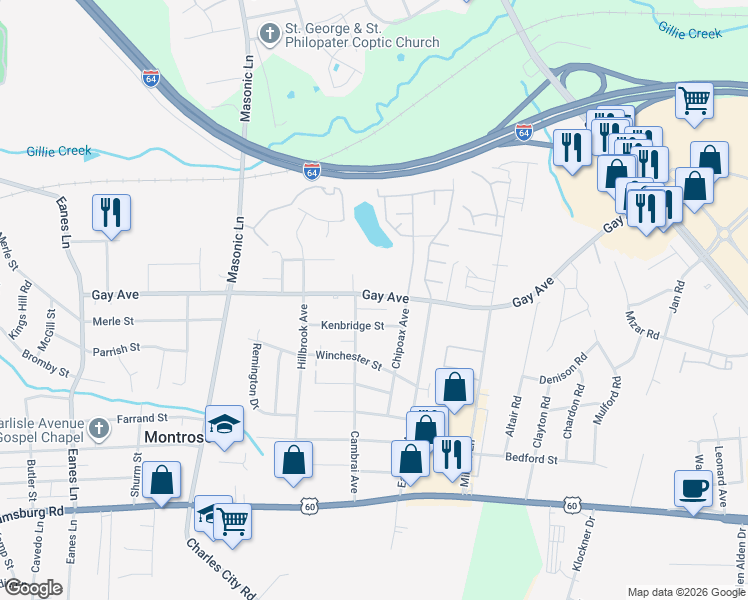 map of restaurants, bars, coffee shops, grocery stores, and more near 3205 Gay Avenue in Richmond