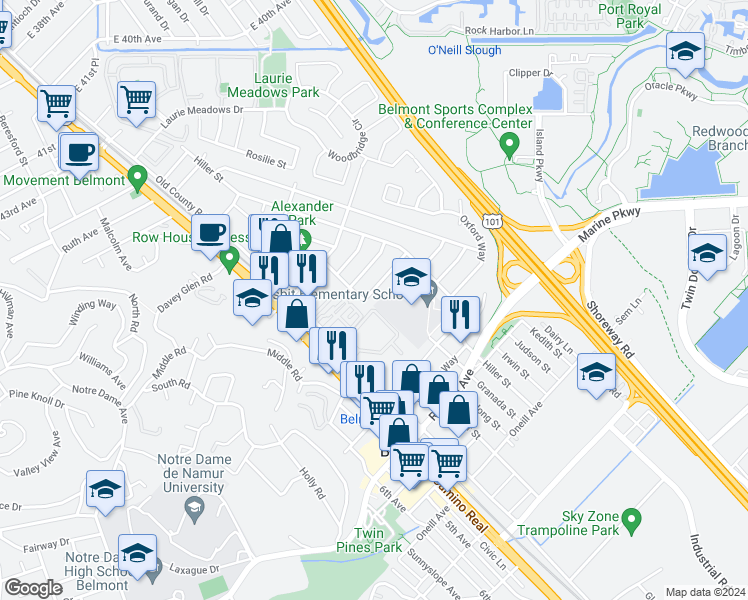 map of restaurants, bars, coffee shops, grocery stores, and more near 527 Cambridge Street in Belmont
