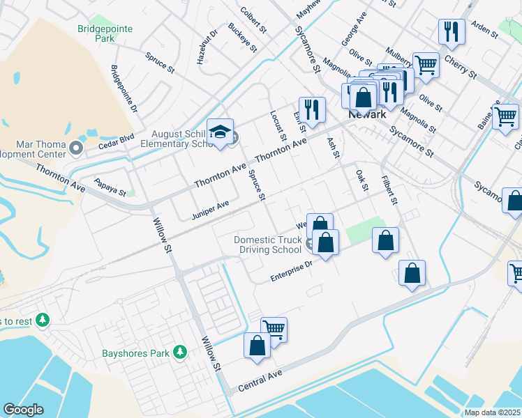 map of restaurants, bars, coffee shops, grocery stores, and more near 37131 Spruce Street in Newark