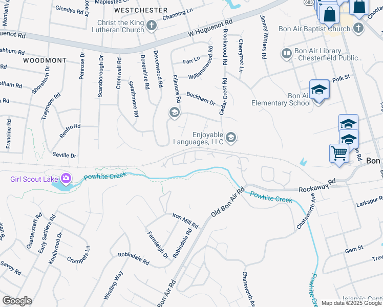 map of restaurants, bars, coffee shops, grocery stores, and more near 9663 Groundhog Drive in Richmond