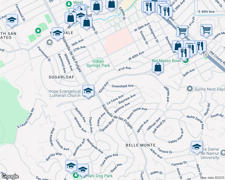 map of restaurants, bars, coffee shops, grocery stores, and more near 321 Greenfield Avenue in San Mateo