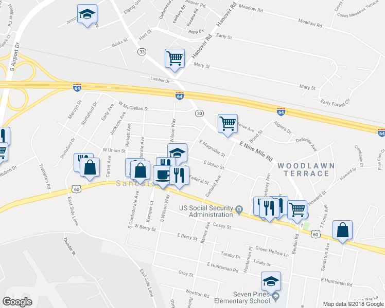 map of restaurants, bars, coffee shops, grocery stores, and more near 102 Naglee Avenue in Sandston