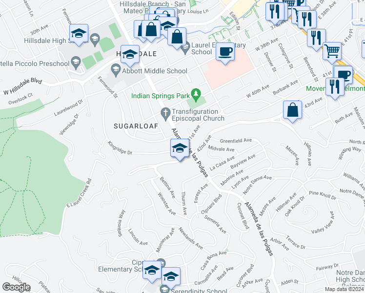 map of restaurants, bars, coffee shops, grocery stores, and more near 4100 Alameda de las Pulgas in San Mateo