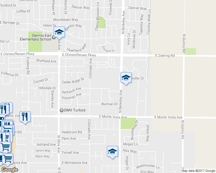 map of restaurants, bars, coffee shops, grocery stores, and more near 1401 Hartwick Avenue in Turlock