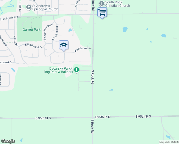 map of restaurants, bars, coffee shops, grocery stores, and more near 9601-9813 South Rock Road in Derby