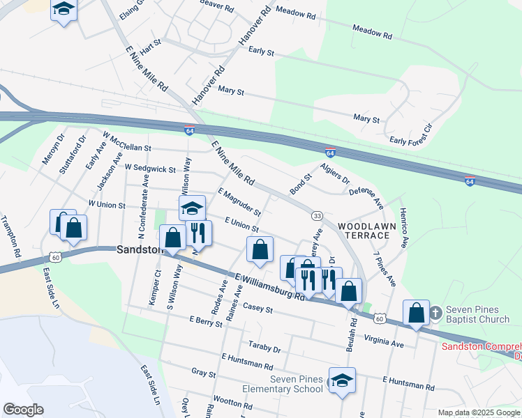 map of restaurants, bars, coffee shops, grocery stores, and more near 118 East Magruder Street in Sandston