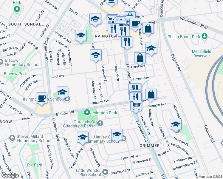 map of restaurants, bars, coffee shops, grocery stores, and more near 41771 Meiggs Street in Fremont