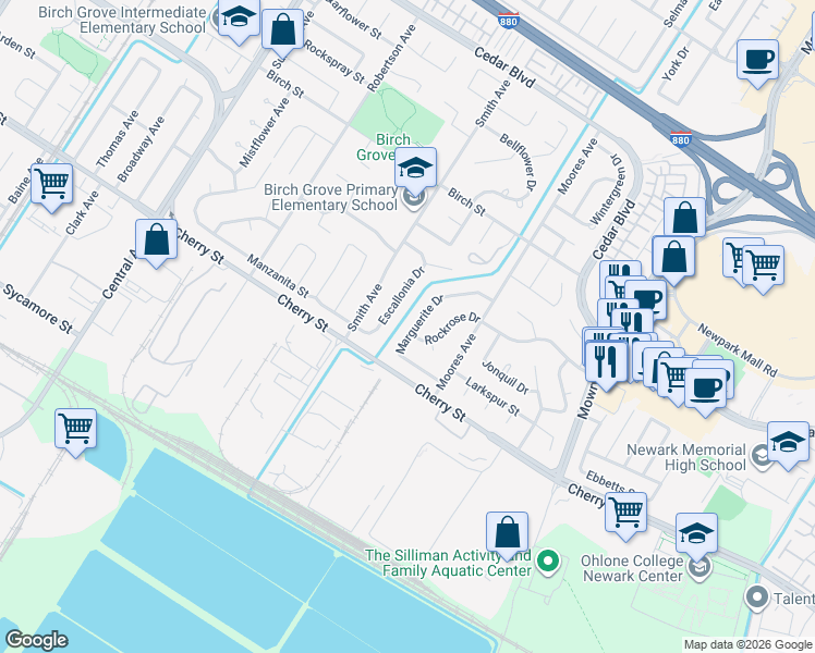 map of restaurants, bars, coffee shops, grocery stores, and more near 6363 Marguerite Drive in Newark