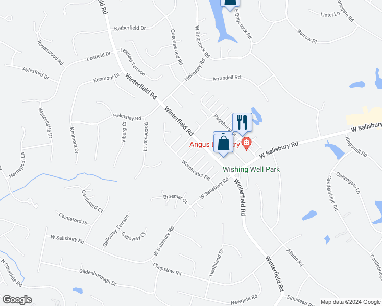map of restaurants, bars, coffee shops, grocery stores, and more near 14112 Senlac Court in Midlothian
