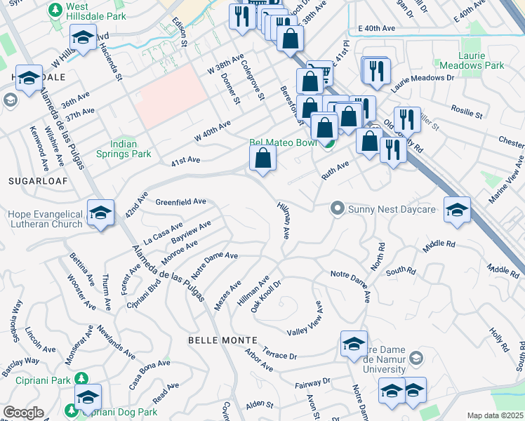 map of restaurants, bars, coffee shops, grocery stores, and more near 1811 Mezes Avenue in Belmont
