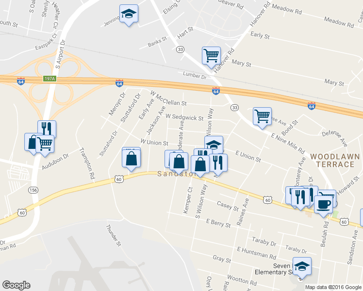 map of restaurants, bars, coffee shops, grocery stores, and more near 5480 Bradley Pines Circle in Sandston
