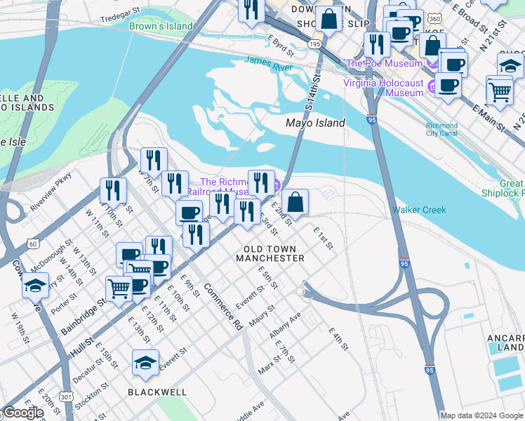 map of restaurants, bars, coffee shops, grocery stores, and more near 7 East 2nd Street in Richmond