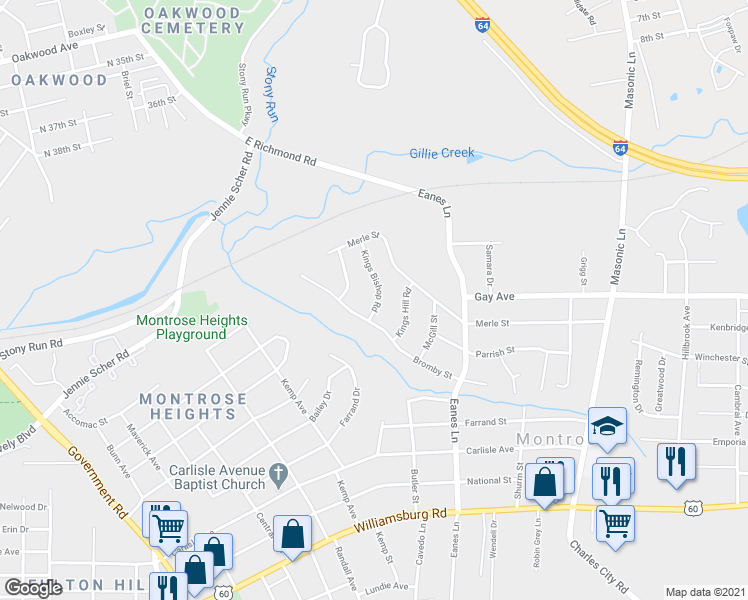 map of restaurants, bars, coffee shops, grocery stores, and more near 4446 Kings Bishop Road in Richmond