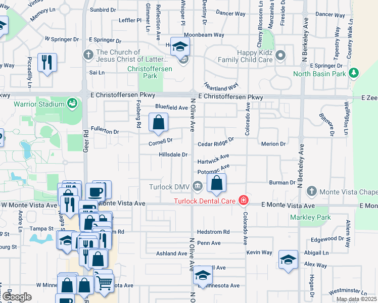 map of restaurants, bars, coffee shops, grocery stores, and more near 3531 N Olive Ave in Turlock