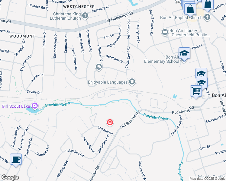map of restaurants, bars, coffee shops, grocery stores, and more near 9601 Groundhog Drive in Richmond