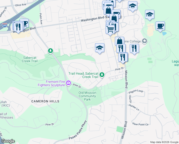 map of restaurants, bars, coffee shops, grocery stores, and more near 43657 Excelso Drive in Fremont
