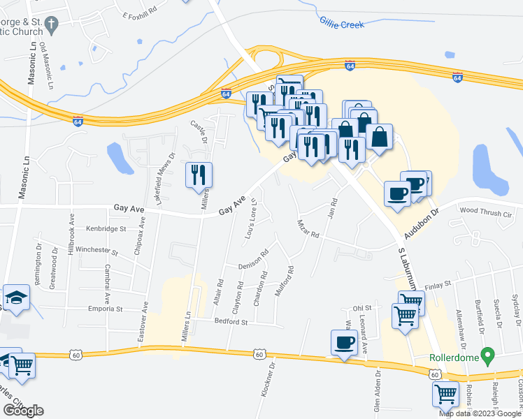 map of restaurants, bars, coffee shops, grocery stores, and more near 4550 Dodd's Creek Drive in Henrico
