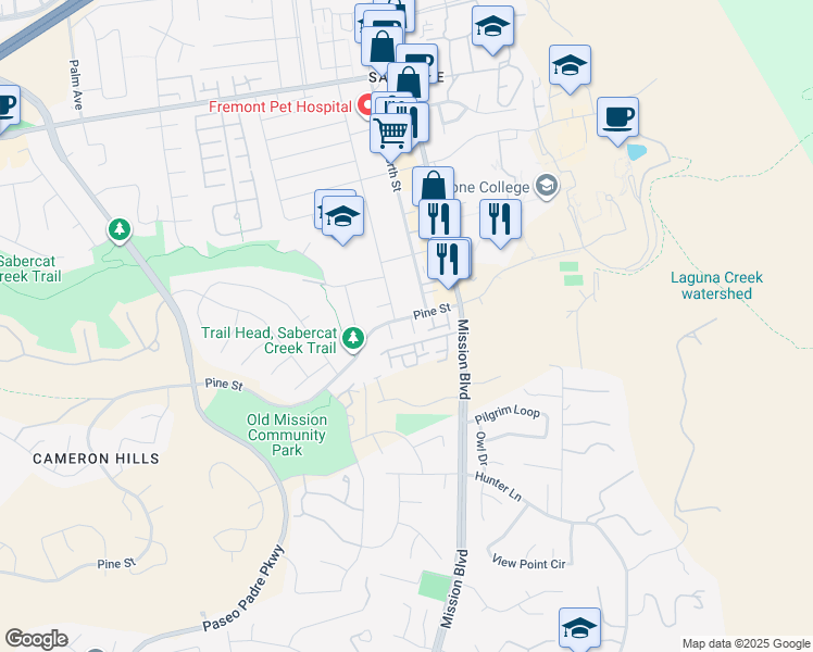 map of restaurants, bars, coffee shops, grocery stores, and more near 43725 Nansa Court in Fremont