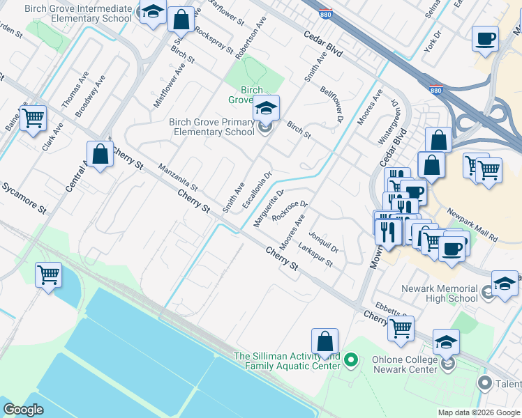 map of restaurants, bars, coffee shops, grocery stores, and more near 6363 Marguerite Drive in Newark