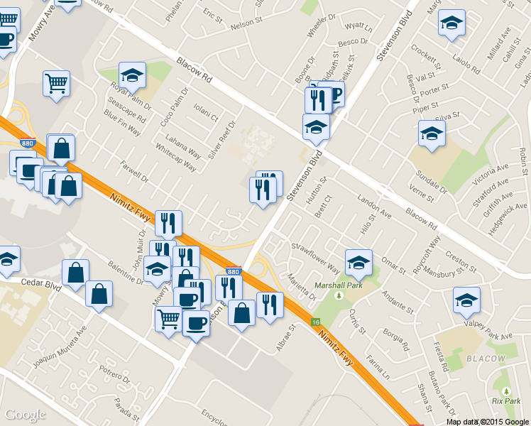 map of restaurants, bars, coffee shops, grocery stores, and more near 5533 Stevenson Boulevard in Fremont