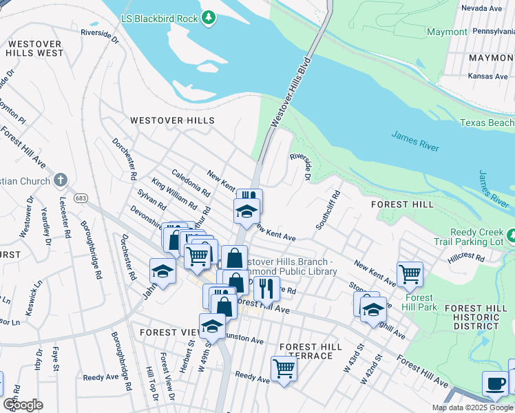 map of restaurants, bars, coffee shops, grocery stores, and more near 4917 New Kent Road in Richmond