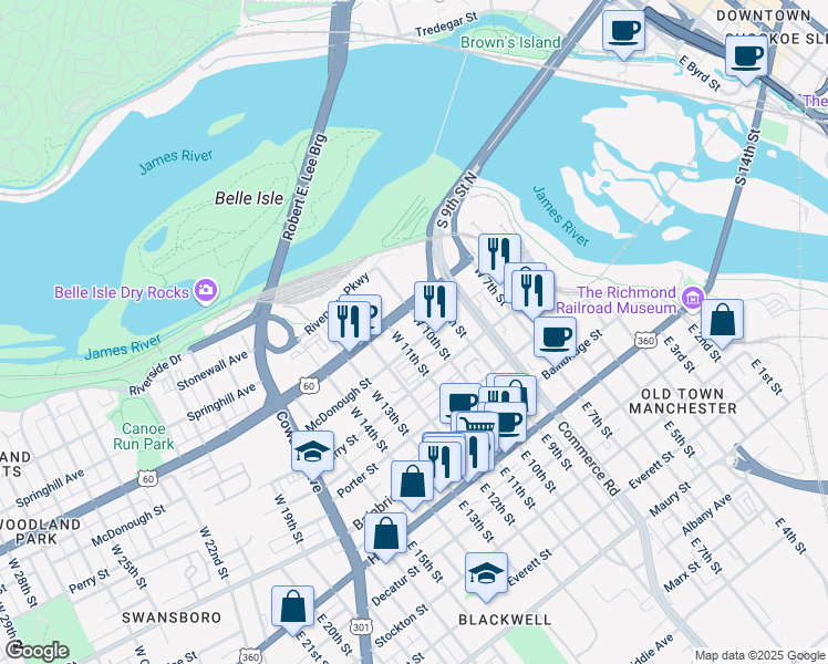 map of restaurants, bars, coffee shops, grocery stores, and more near 1000 Semmes Avenue in Richmond