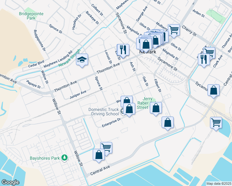 map of restaurants, bars, coffee shops, grocery stores, and more near 37196 Walnut Street in Newark