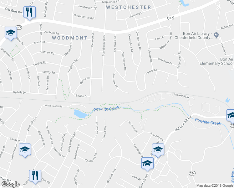 map of restaurants, bars, coffee shops, grocery stores, and more near 9909 Chancellor Place in Richmond