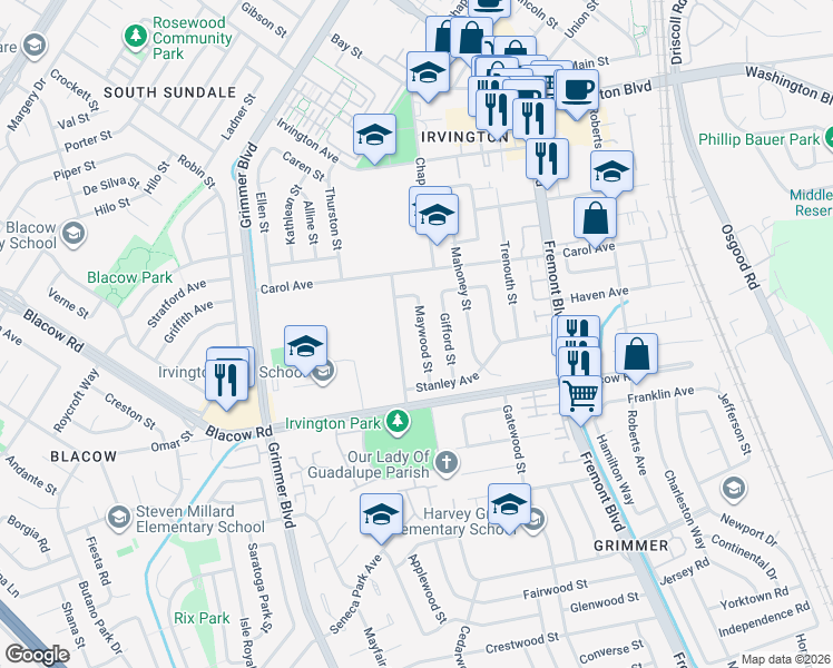 map of restaurants, bars, coffee shops, grocery stores, and more near 41731 Maywood Street in Fremont