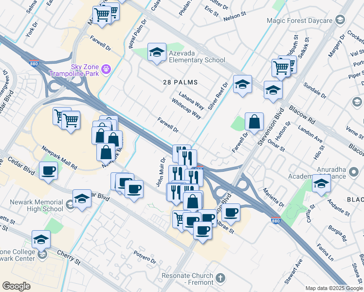 map of restaurants, bars, coffee shops, grocery stores, and more near 5681 Dewey Place in Fremont