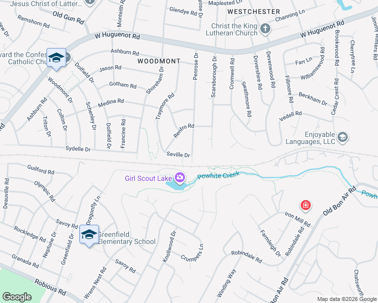 map of restaurants, bars, coffee shops, grocery stores, and more near 10206 Seville Drive in Richmond